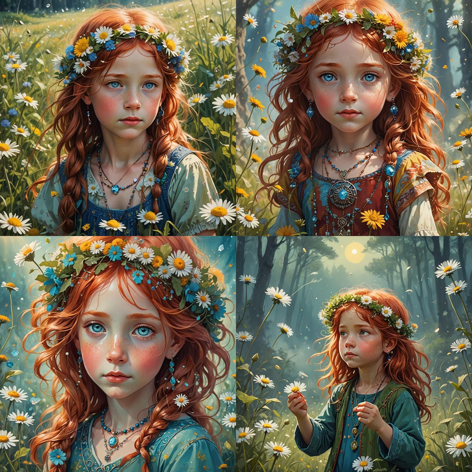 Cute Red-Headed Child with Dandelions, Detailed Matte Painti...