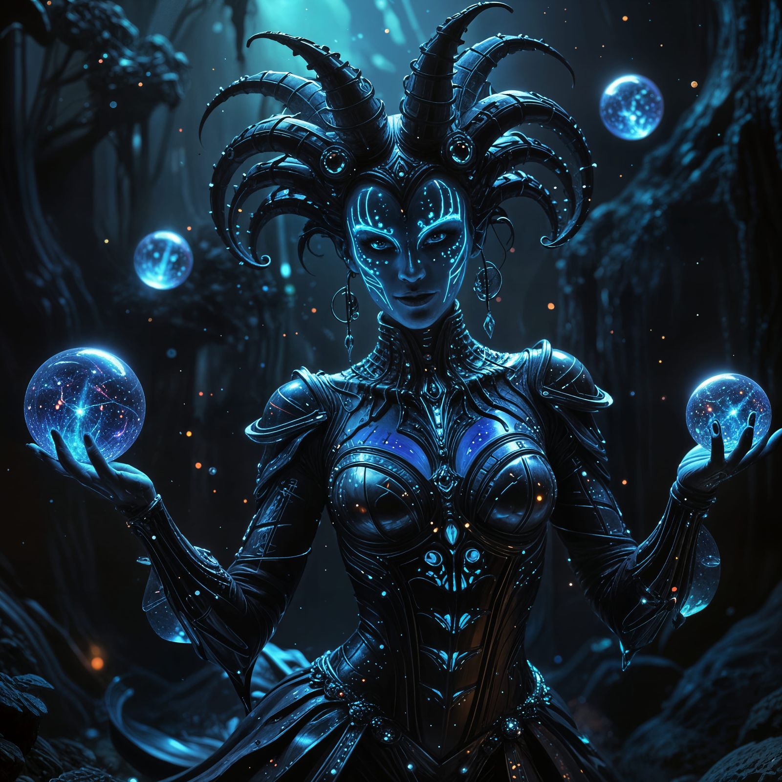 Whimsical Cosmic Jester in Vibrant Bio-Mechanical Style