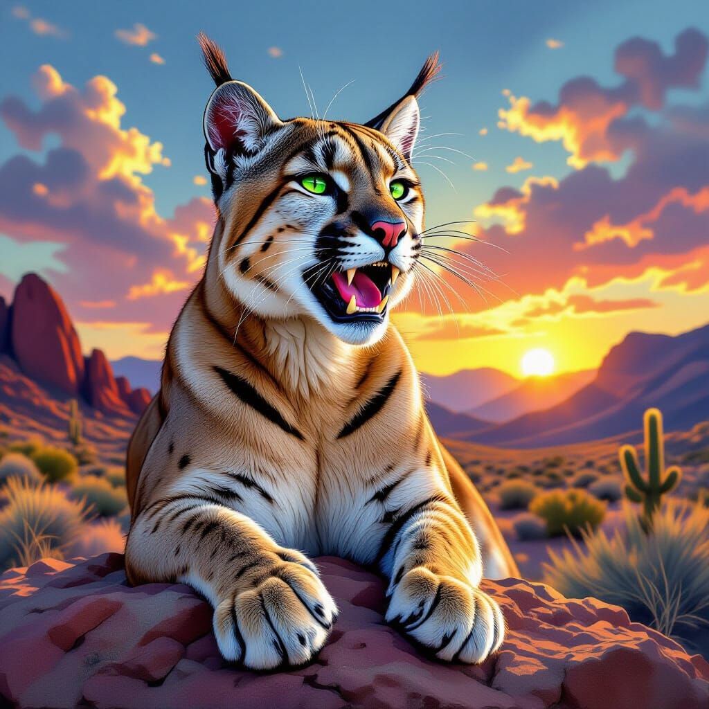 Emerald-Eyed Puma Roaring in Desert: Hyperrealistic Splash A...