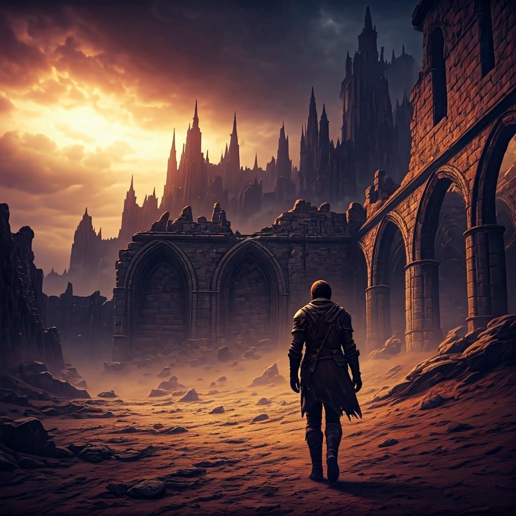 Battle-Scarred Soldier Walks Ruins of a Destroyed Fortress