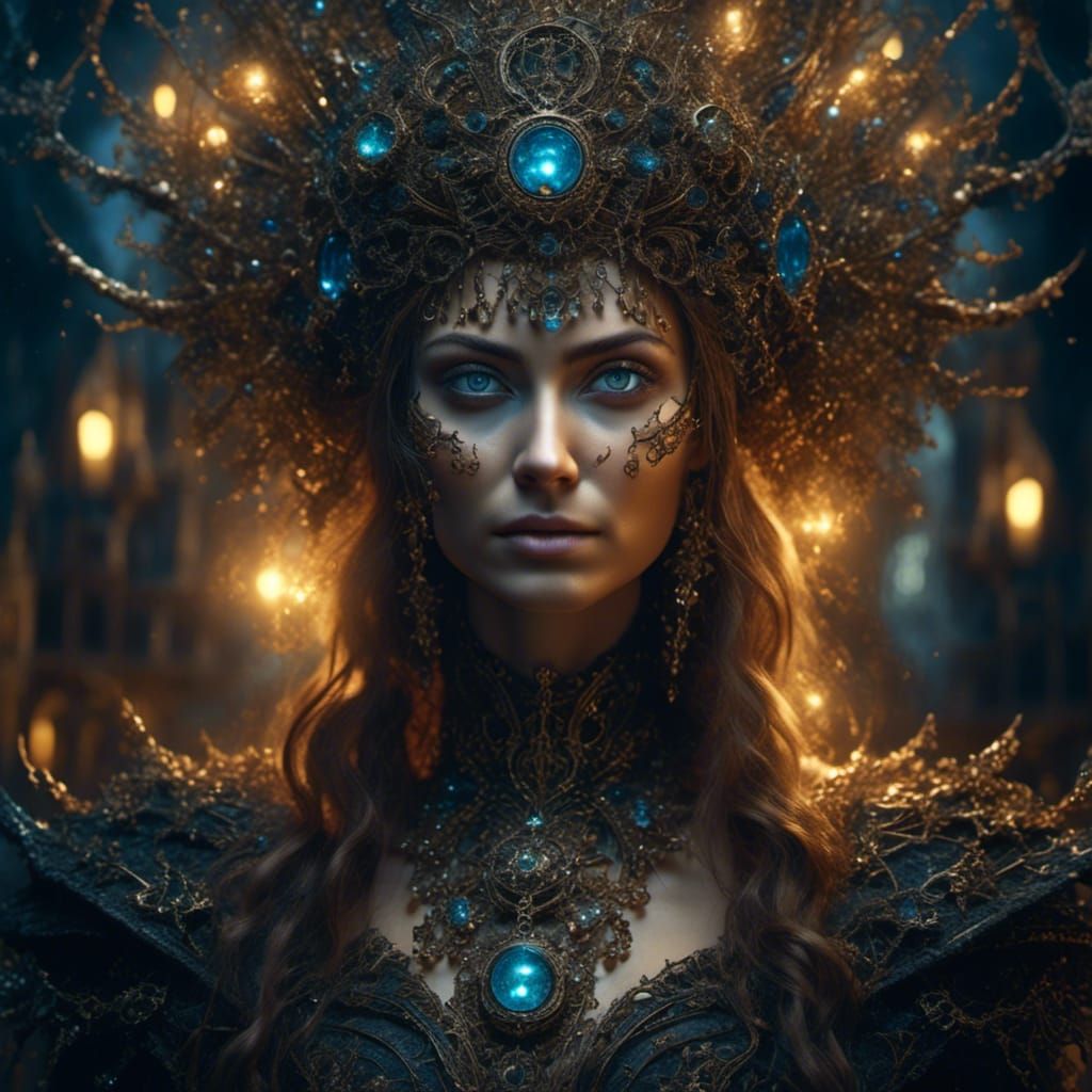 Mystical Witch with Glowing Runes in Fairytale Village