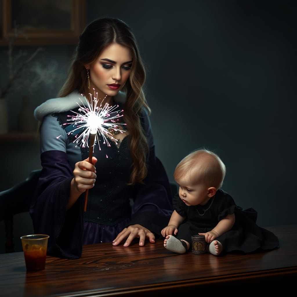 Sorceress with Sparkling Wand and Child