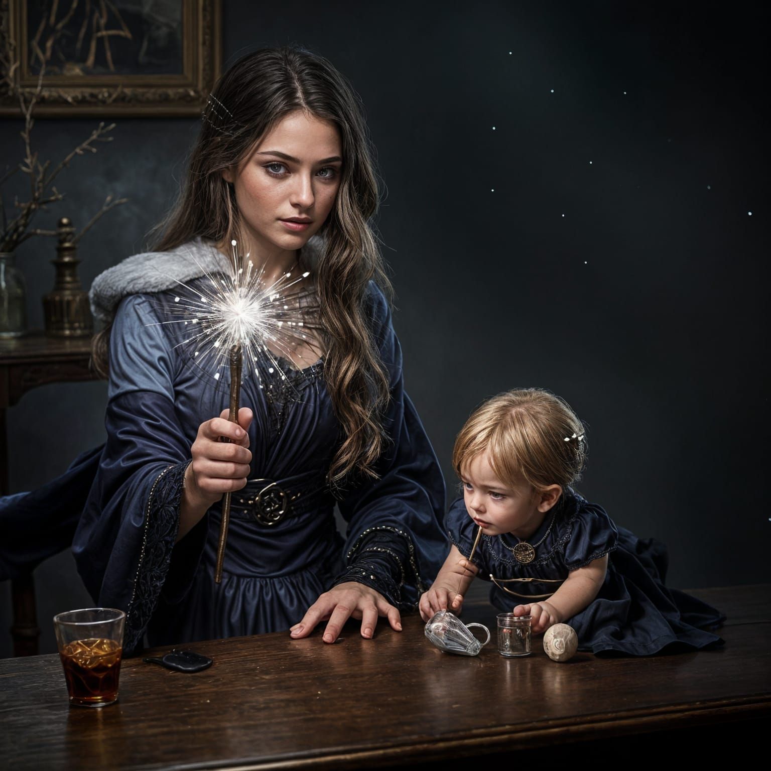 Sorceress with Sparkling Wand and Child