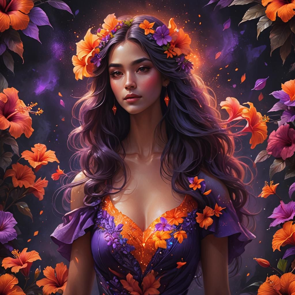 a 3D image of a beautiful young girl with flowing purple dre...