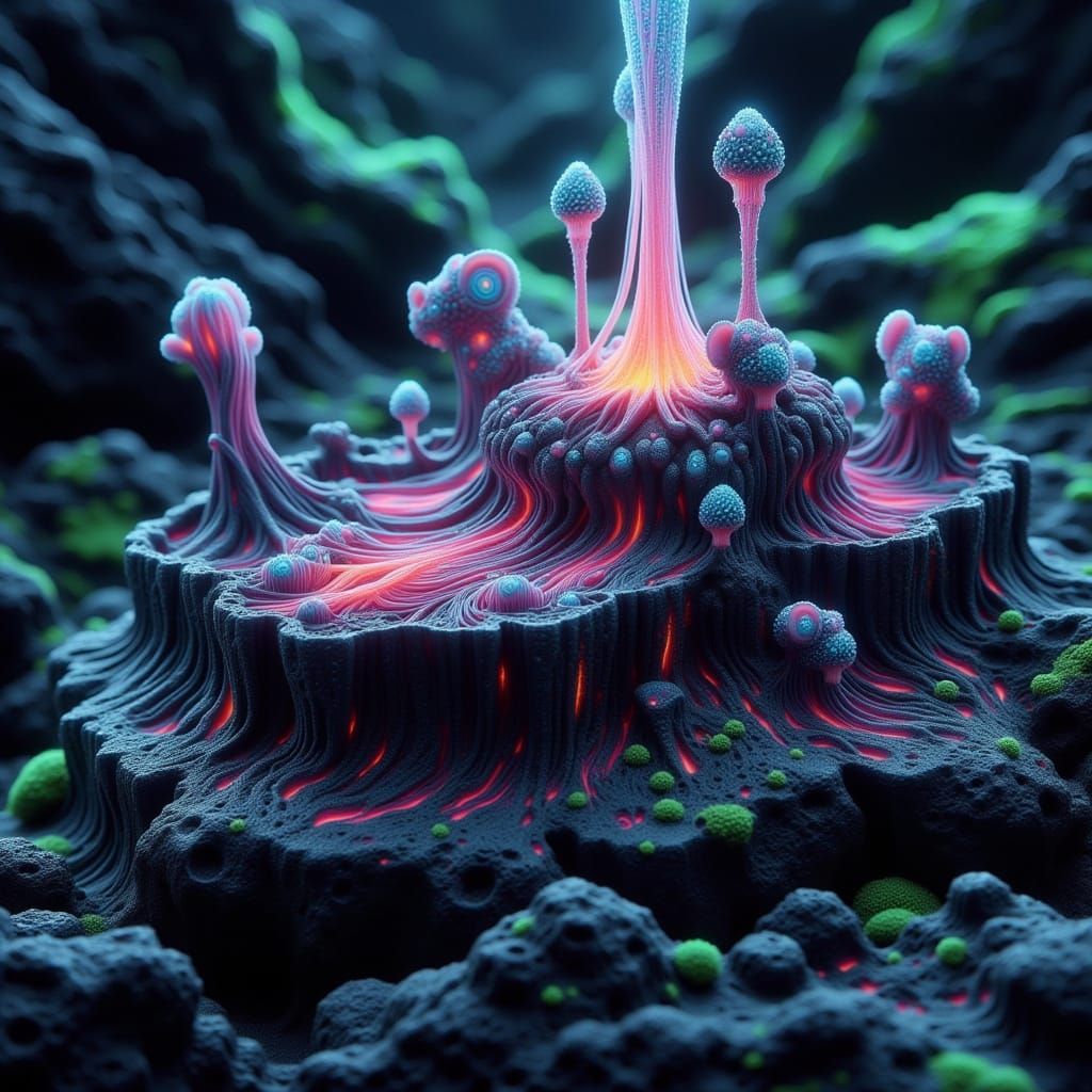 Biomechanical Chibi Mouse Blooms on Obsidian Island in Cyber...