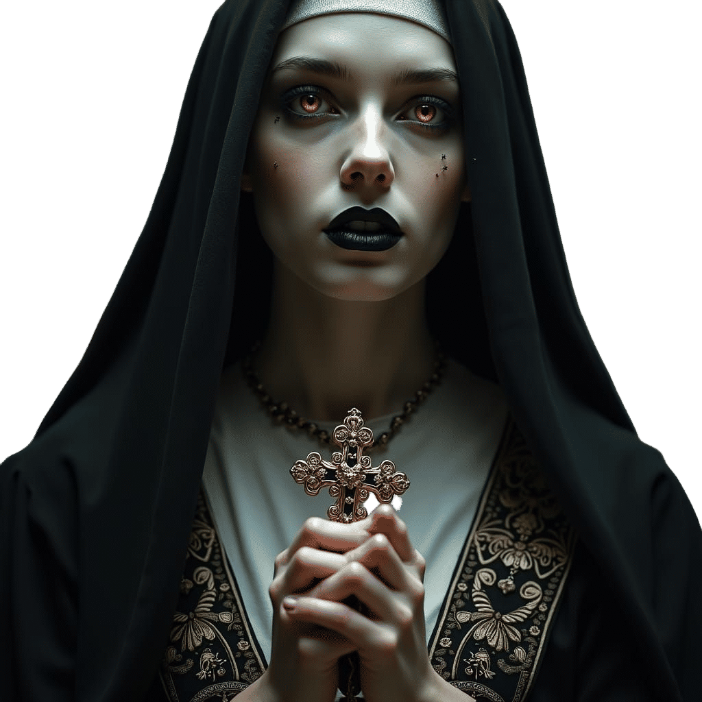 Eerily Beautiful Nun with Violet Eyes in Dark Fantasy