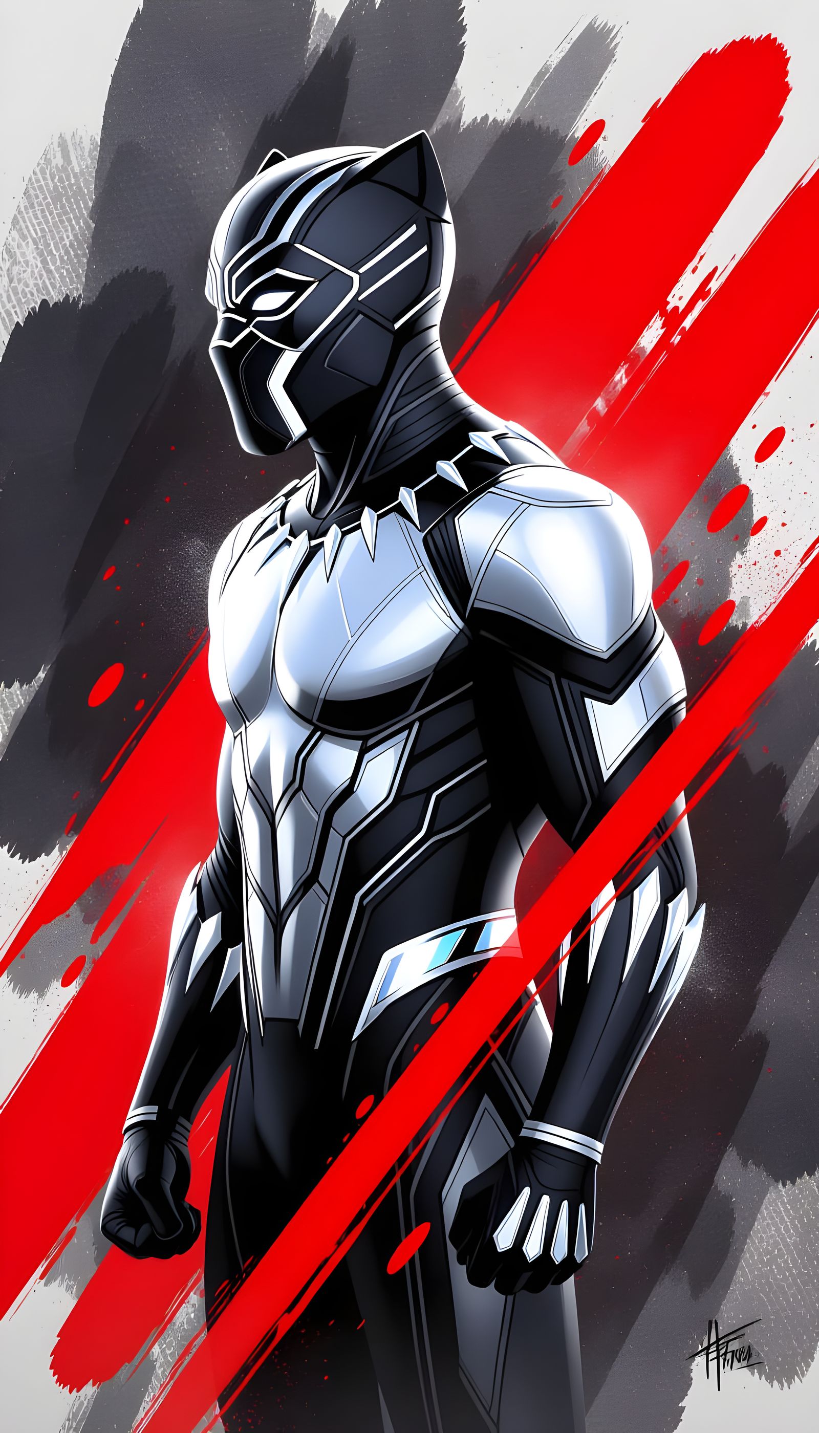 Black Panther in White Vibranium Suit, Dramatic Digital Art