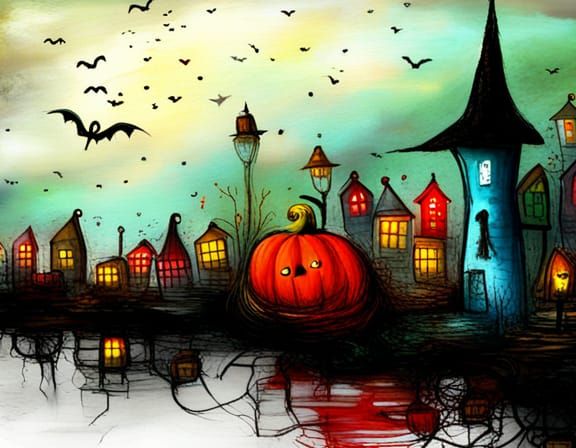 Halloween Coastal Town in Whimsical Style