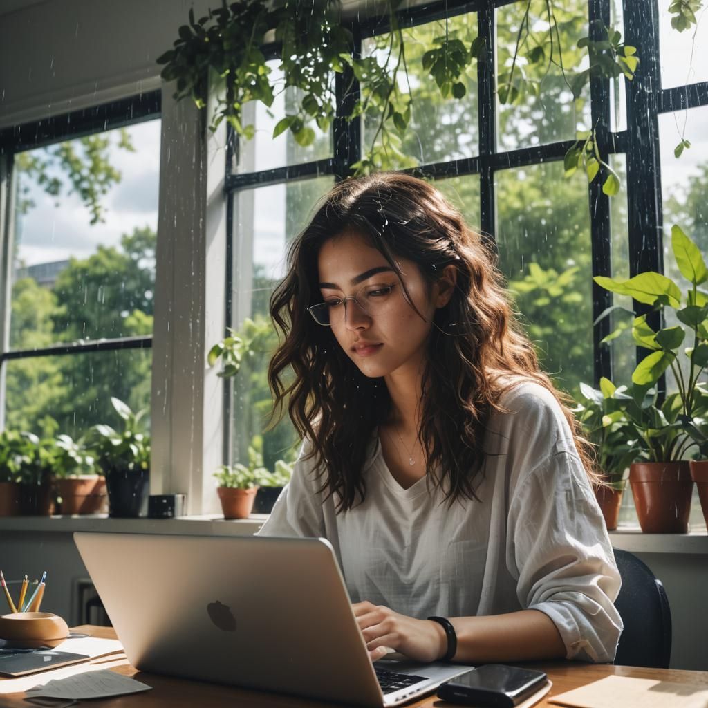 Girl Coding on Laptop in Rainy Room