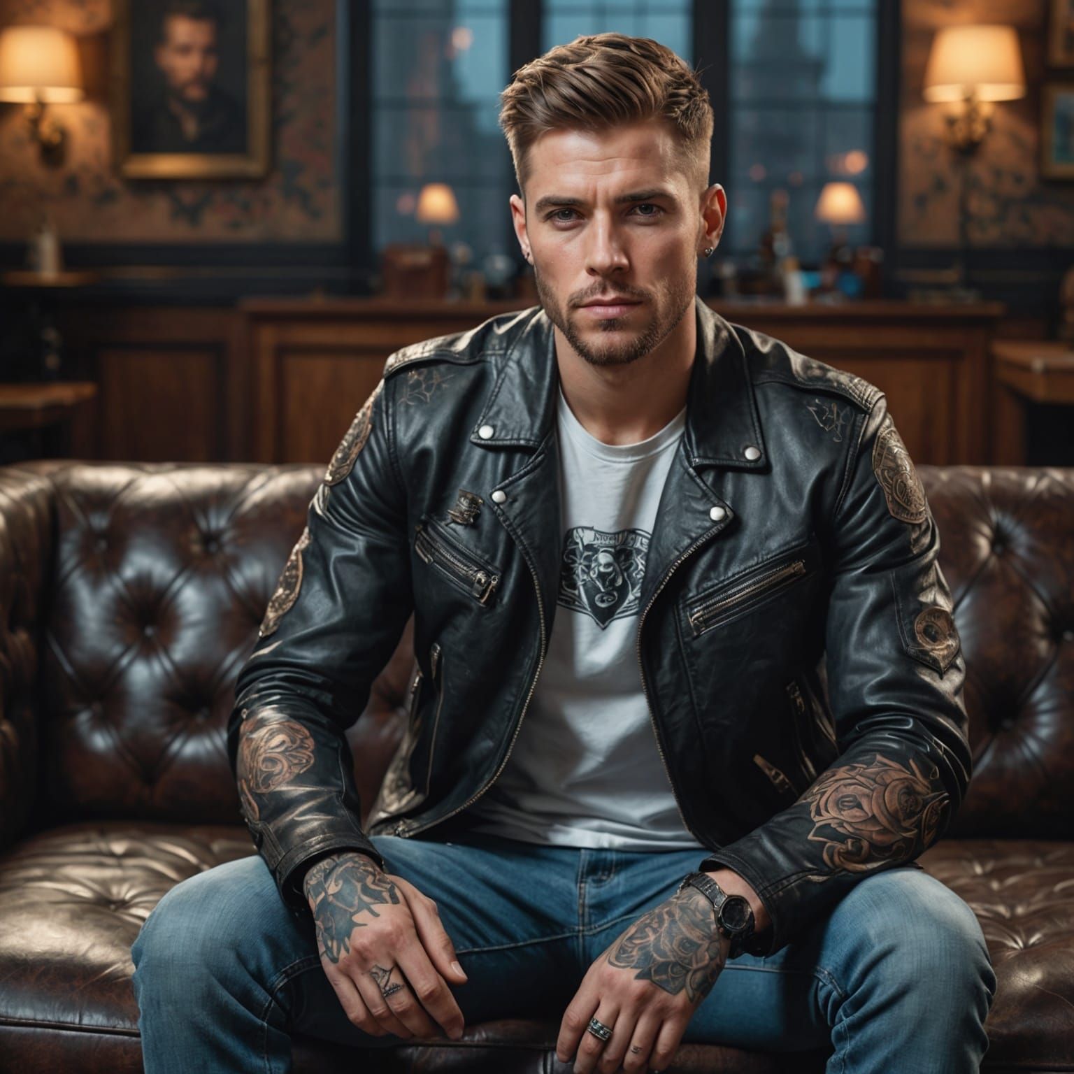 Hyperrealistic Portrait of Man in Leather Jacket