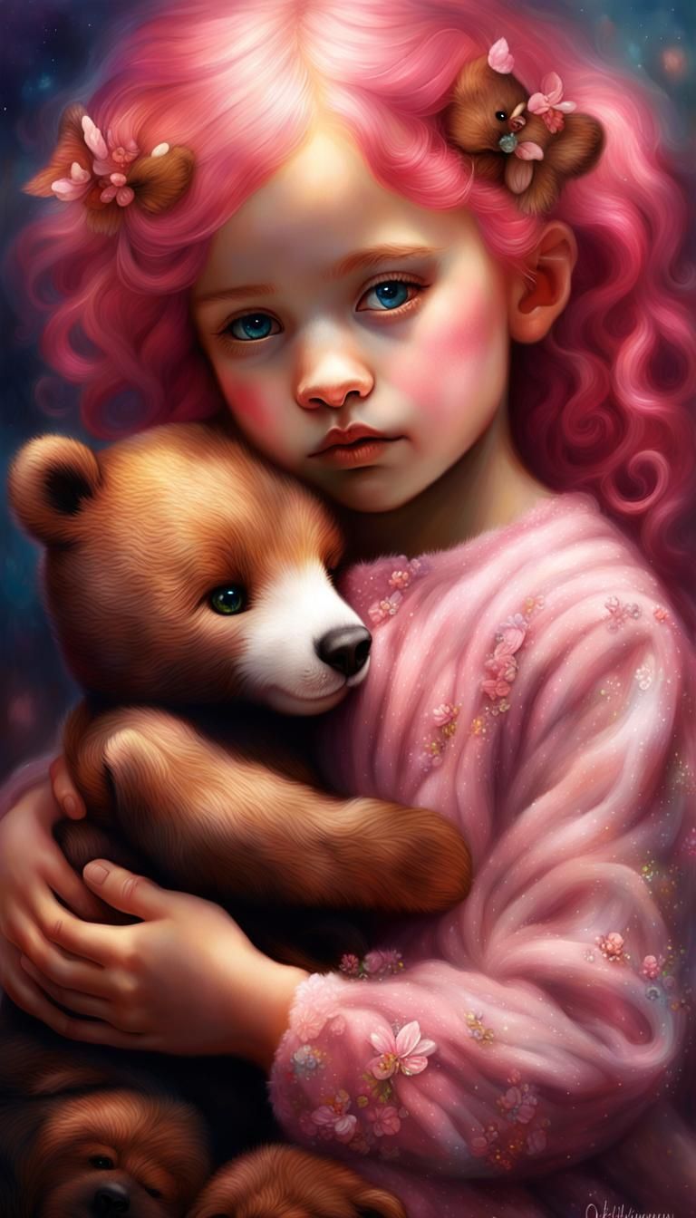 Pink-Haired Girl with Teddy Bear: Fantasy Art Portrait