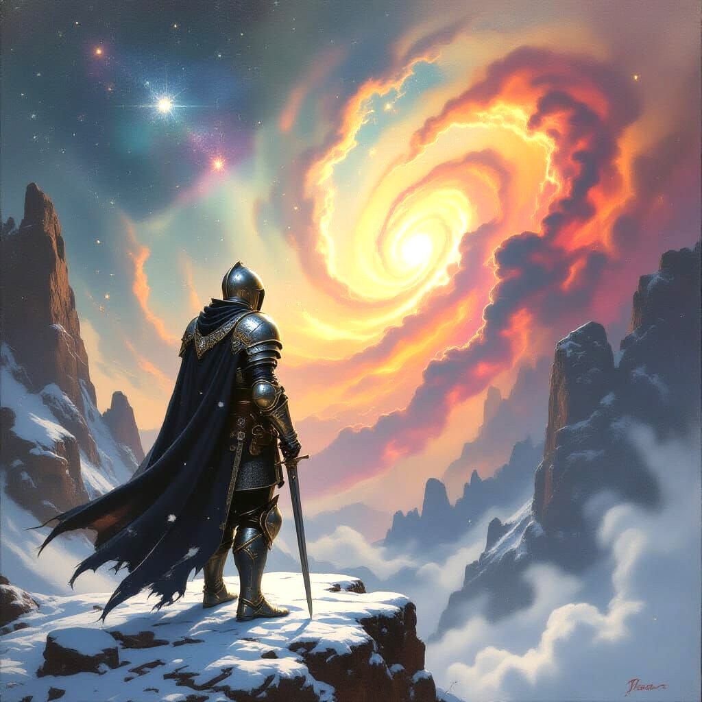 Knight on Nebula Edge in Painterly Realism Style