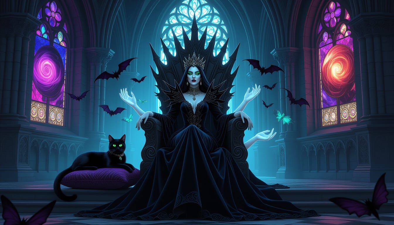 Witch Queen on Bat Throne in Cosmic Horror Castle