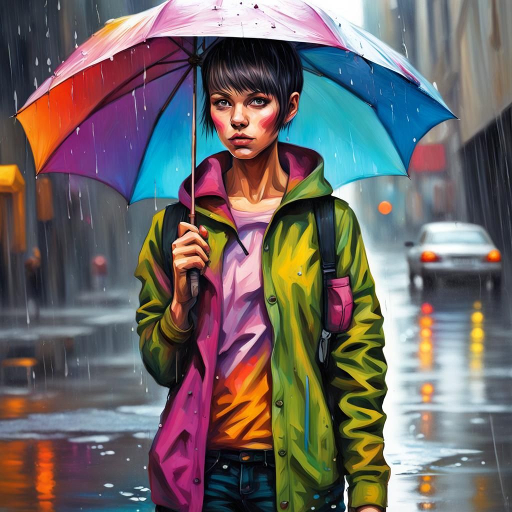 Girl with Umbrella in Graffiti Splash Art Style