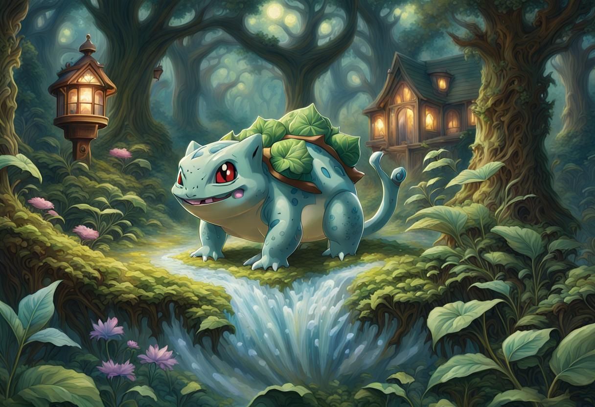 Bulbasaur in Ethereal Forest, Luminous Fantasy Art