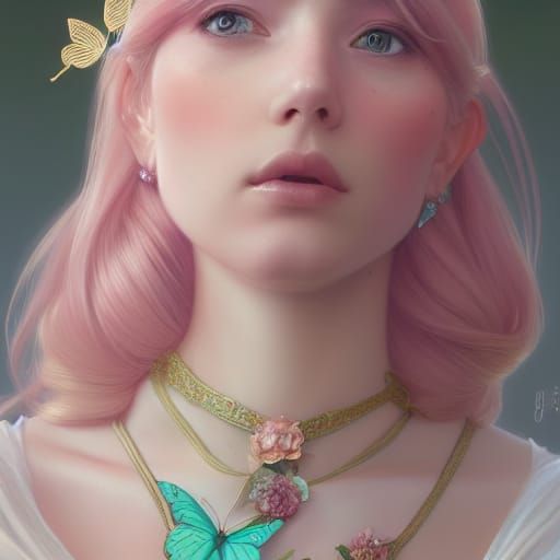 Elf with Peach Hair and Gold Butterflies Portrait