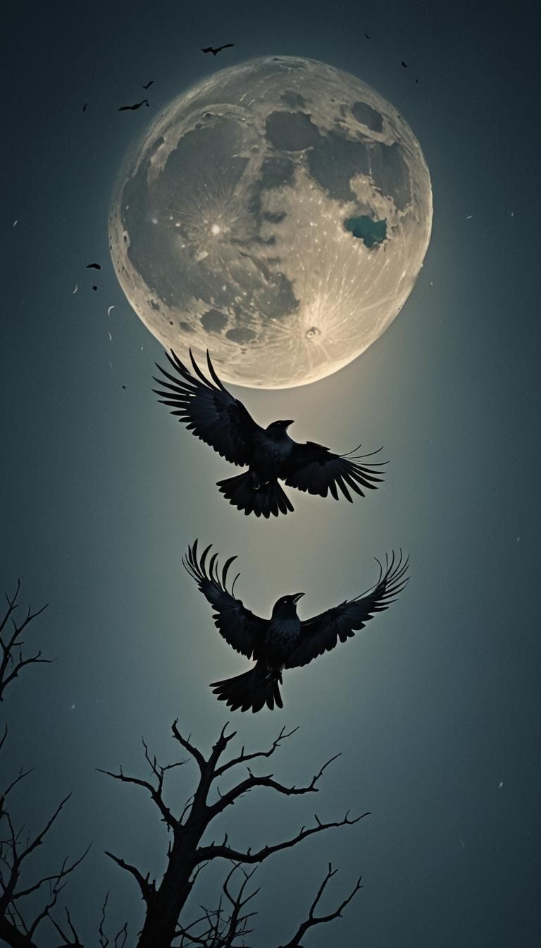 Dramatic Crow Spreads Wings Under Full Moon