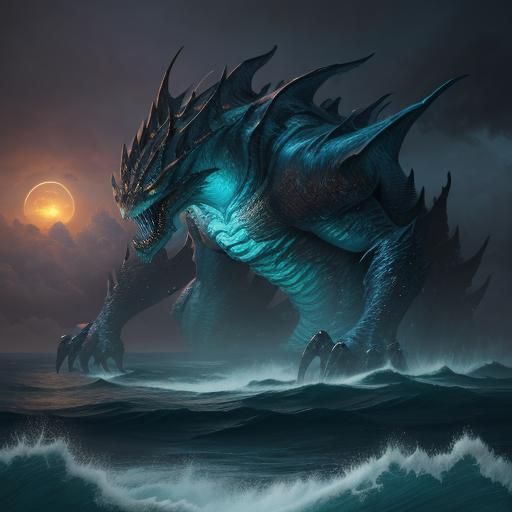 Epic Sea Monster Battle in Bioluminescent Ocean