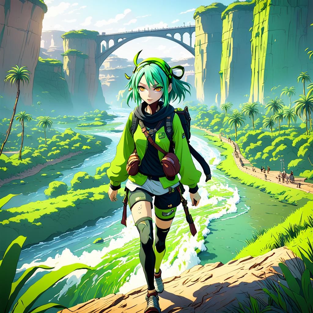 Anime Girl Hiking Nile River: Detailed Matte Painting