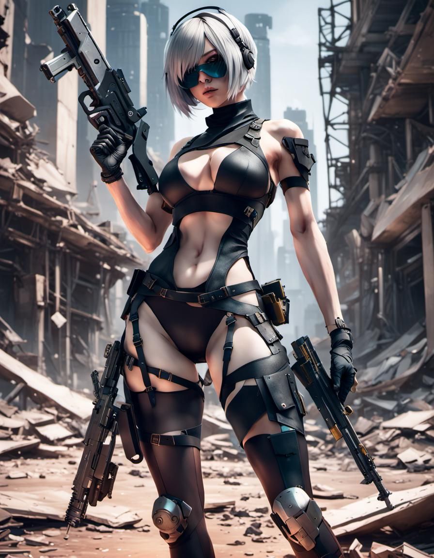 Sensual Android in City Ruins, Hyperdetailed Art