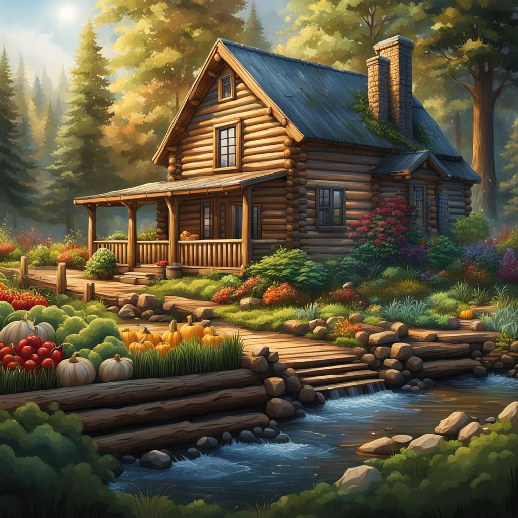 Hyperrealistic Log Cabin with Garden and Creek
