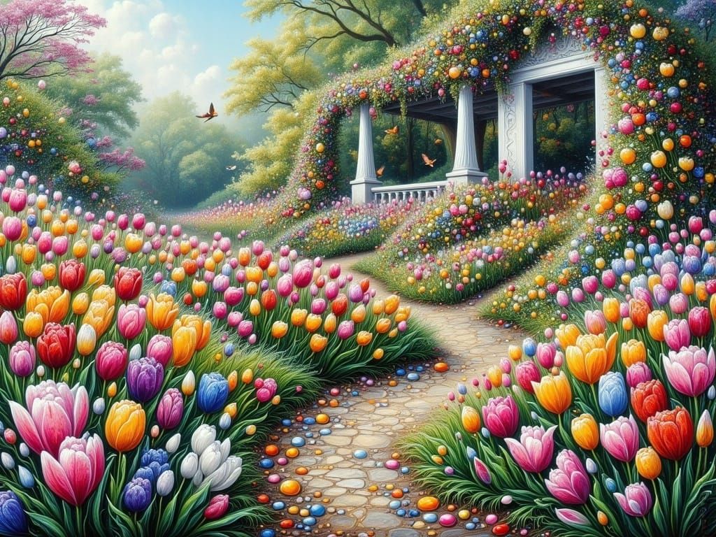 Vibrant Spring Garden in Fluid Art Style