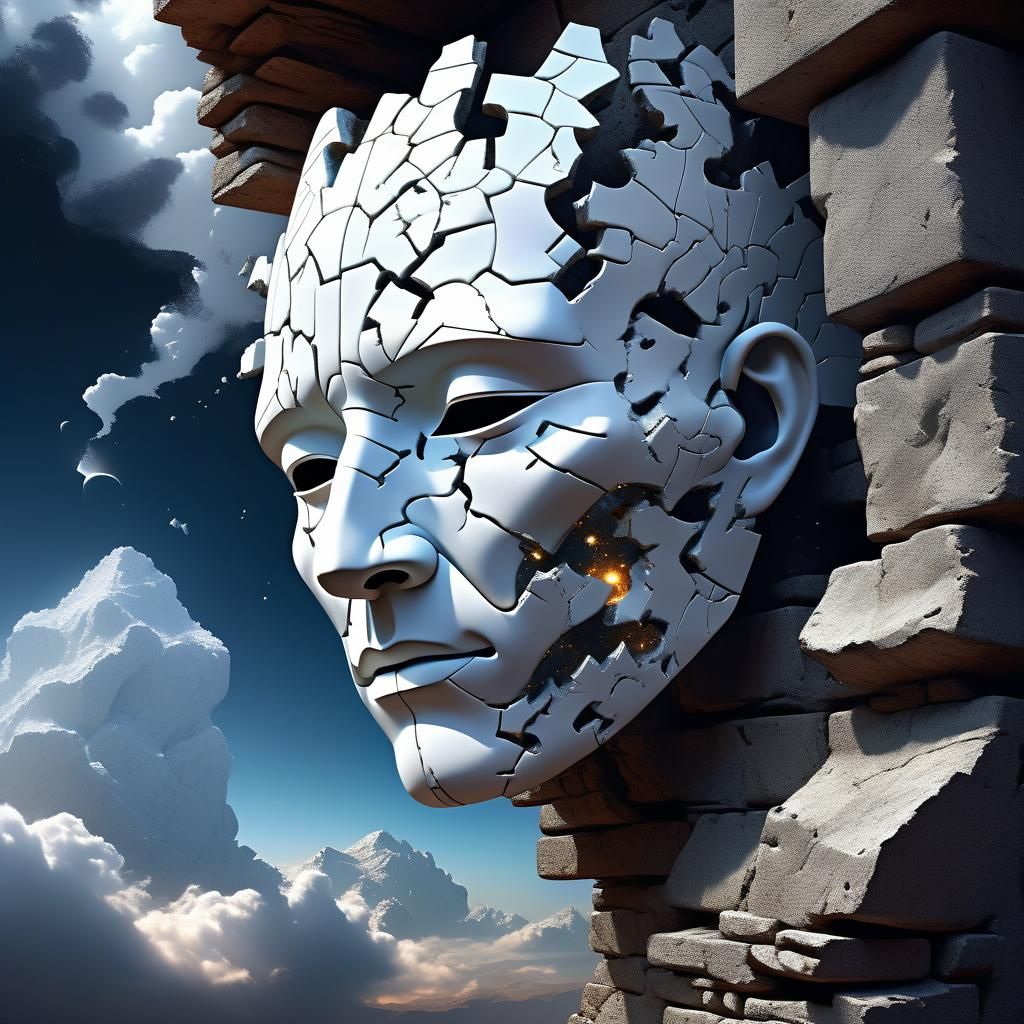 Distressed Face with Shattered Mask in Celestial Landscape