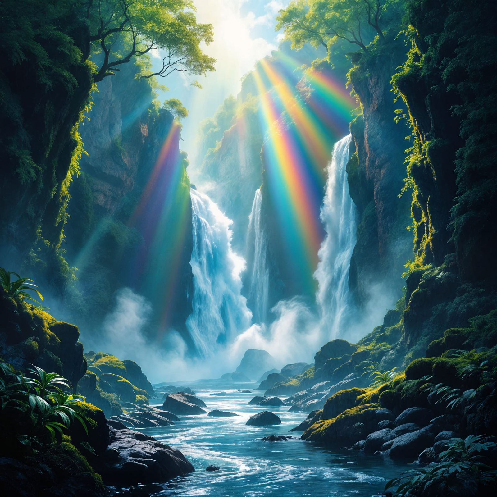 Rainbow Waterfall Cascade in Digital Surrealism Style