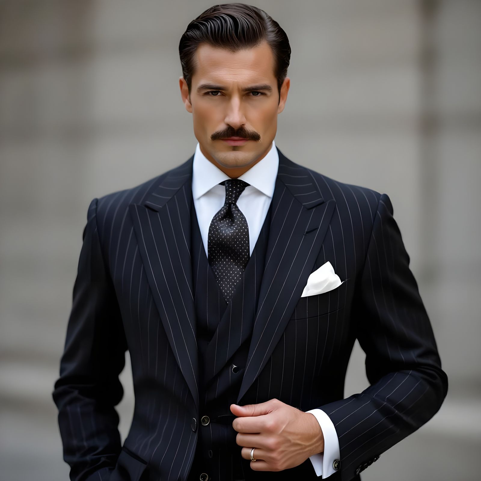 Elegant Grayscale Portrait of Man in Pinstripe Suit