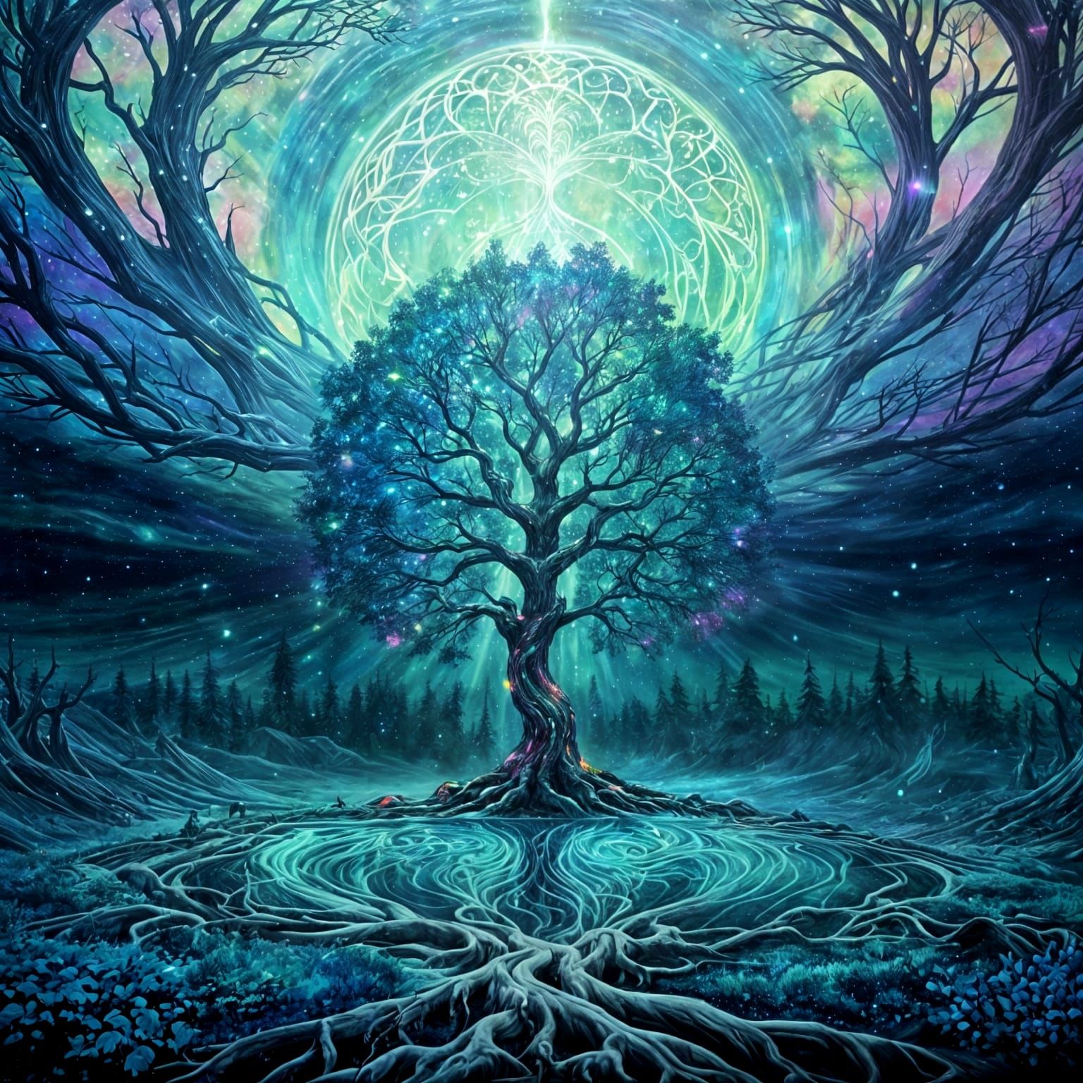 Surreal Cosmic Tree Blooms in Vibrant Northern Lights