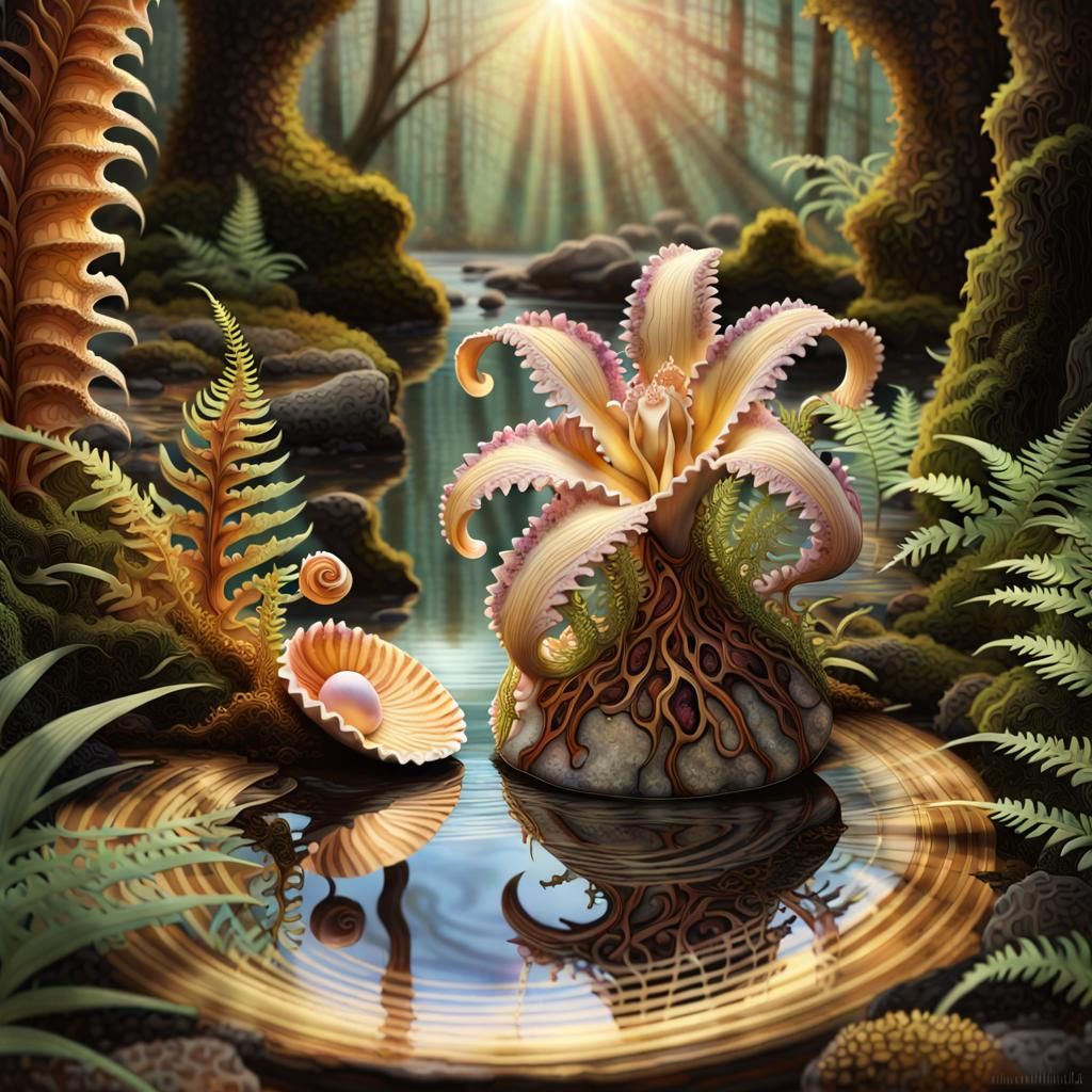 Magical Forest Pool with Orchid in Klimt Watercolour