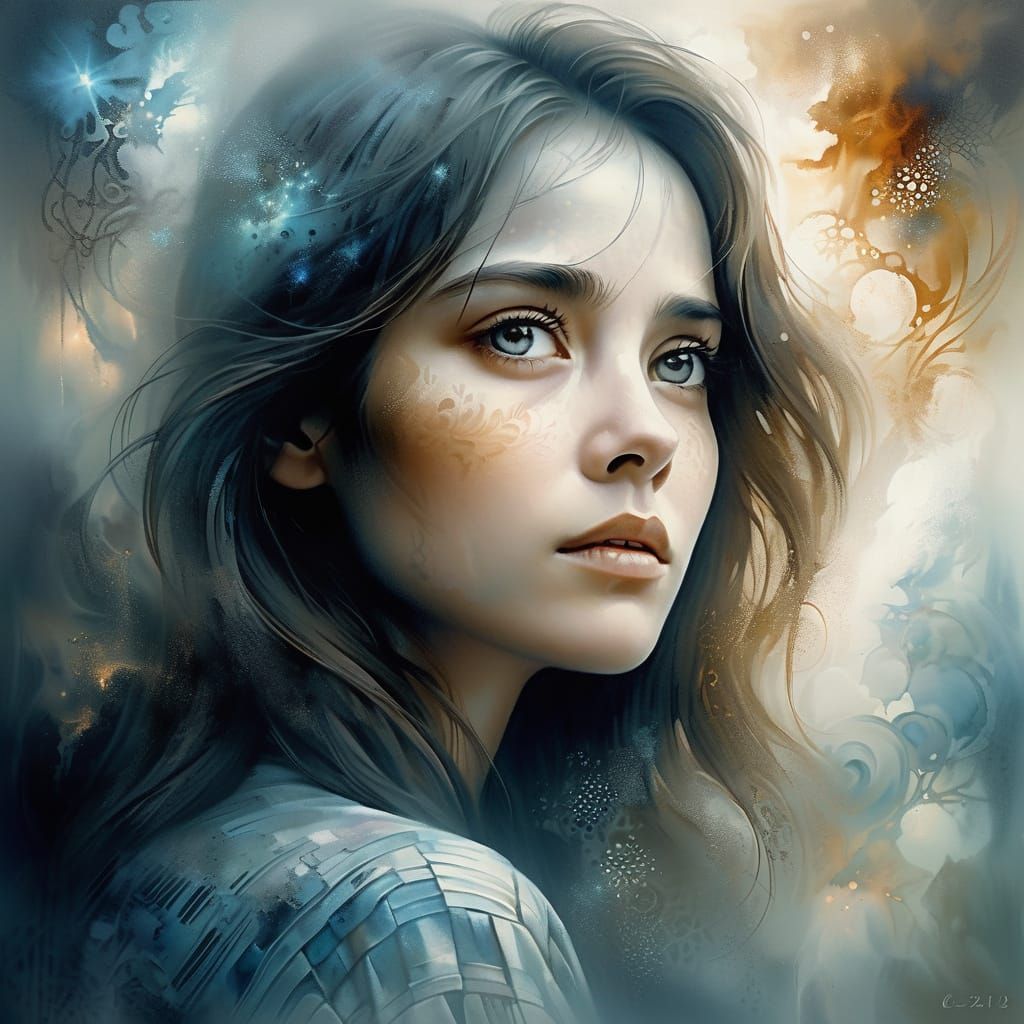 Melancholic Woman Portrait in Airbrush Art Style