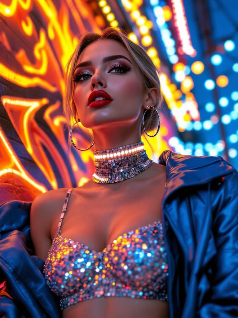 Glamorous Woman in Neon Nightclub Portrait