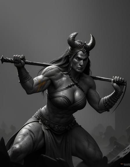 Dark Fantasy Barbarian Goddess in Hyperdetailed Greyscale