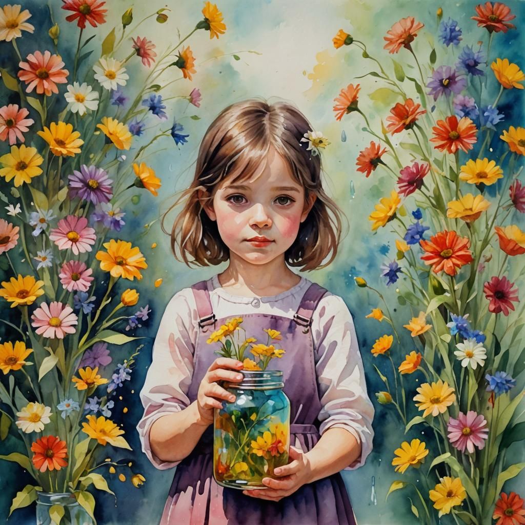 Girl with Flowers: Oil and Watercolor Painting