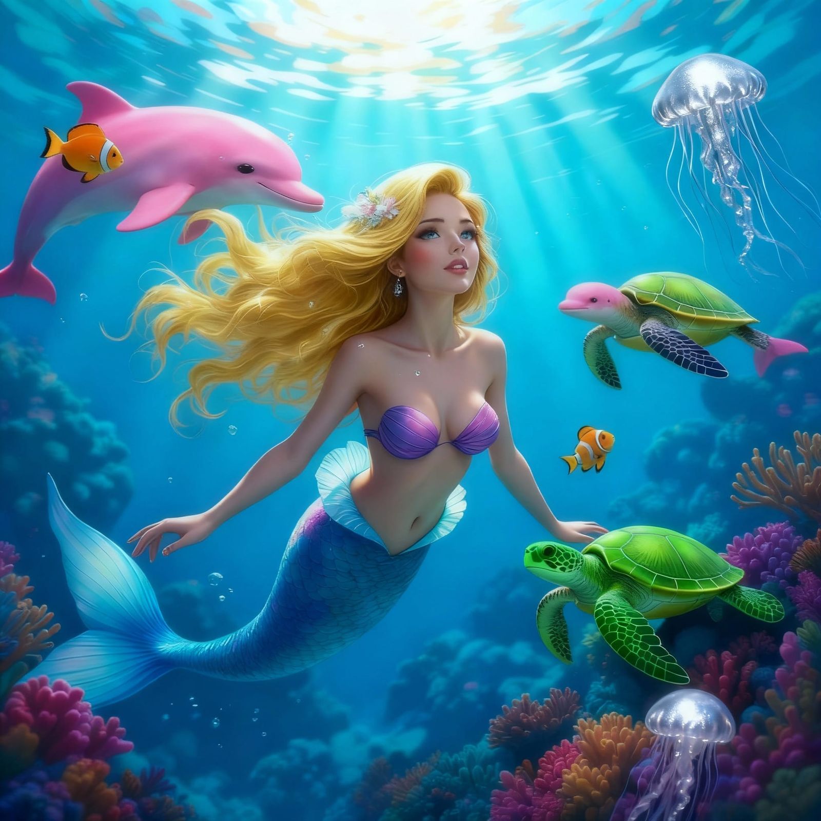 Mermaid with Nemo and Turtle in Coral Reef