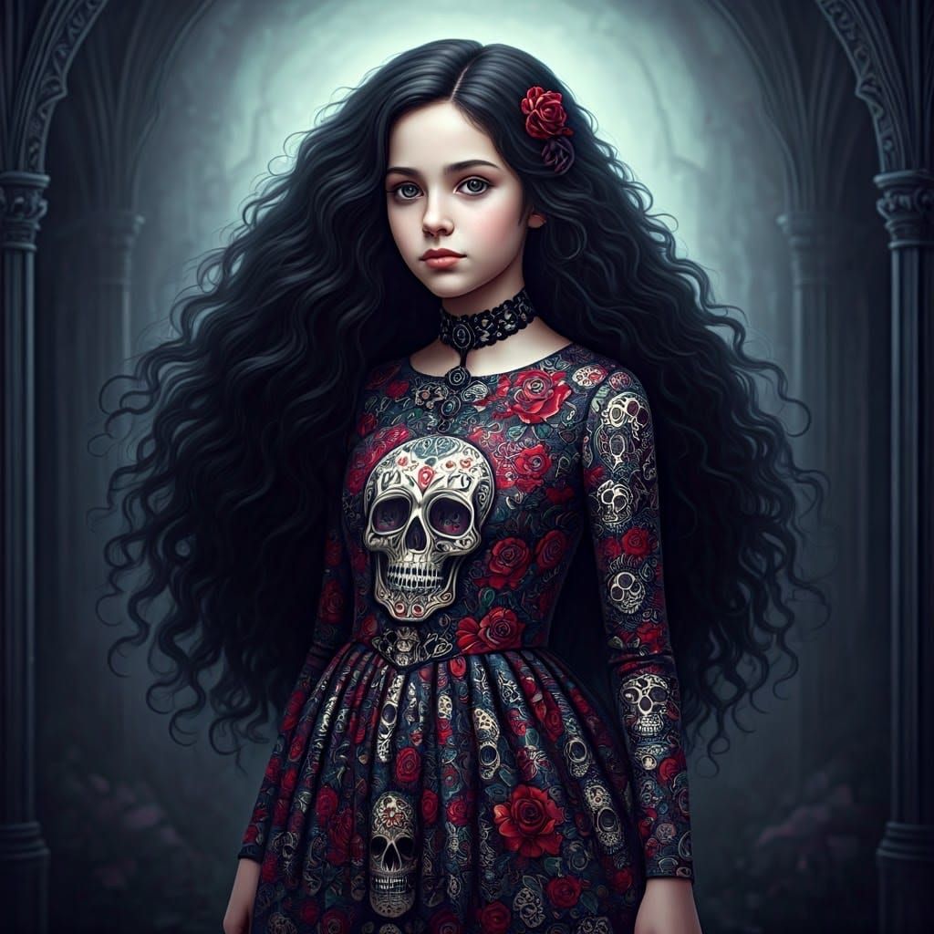 Gothic Girl with Sugar Skulls in Digital Art Style