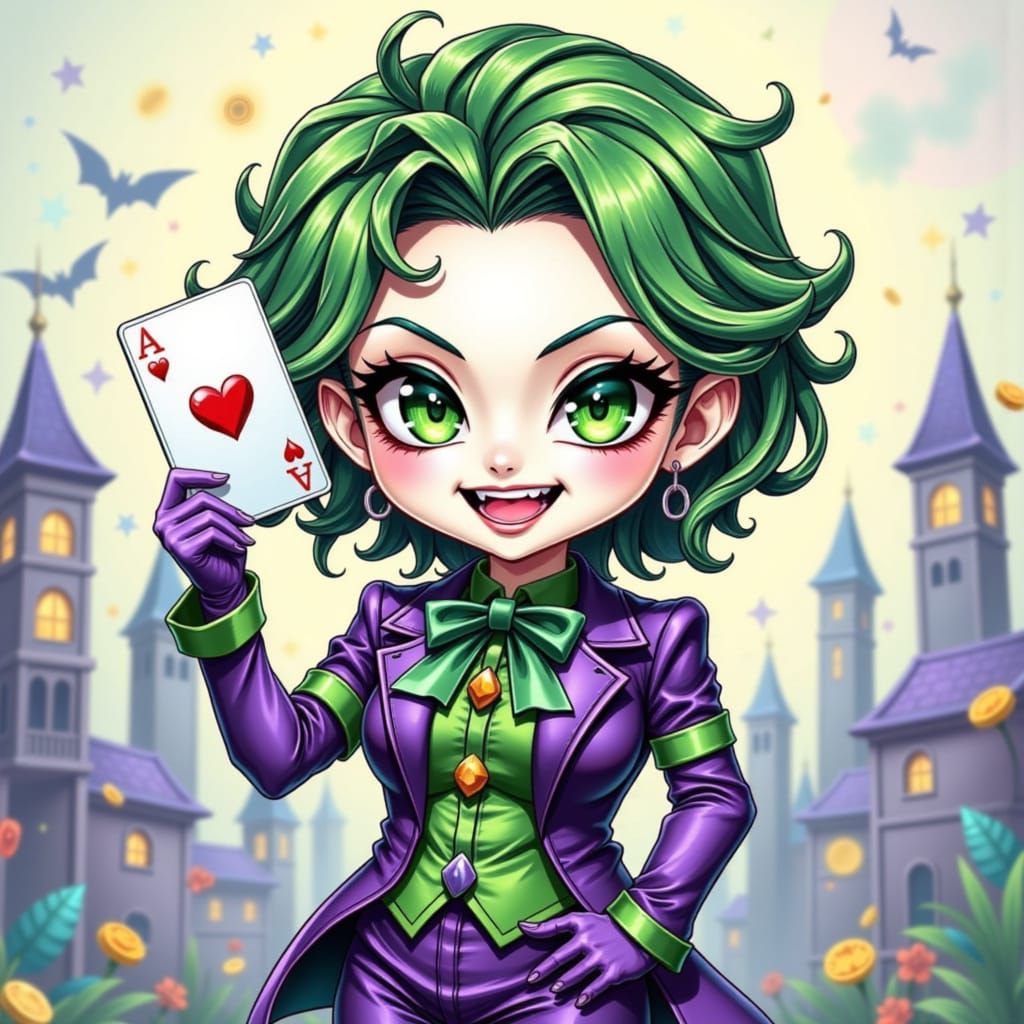 Chibi Anime Joker Girl with Playing Card