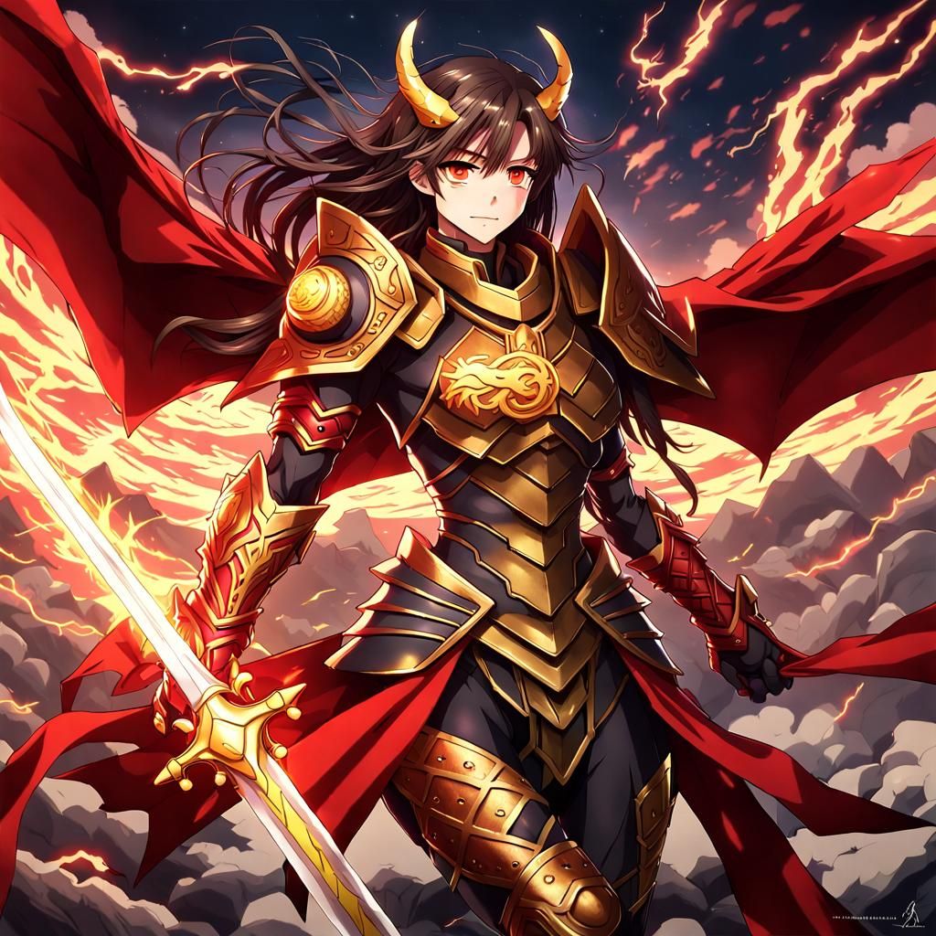 Anime Warrior with Dragon Armor and Lightning