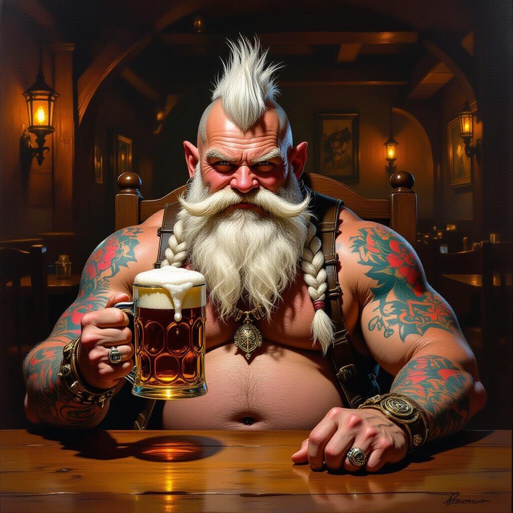 Muscular Dwarf with Tattoos Enjoys Beer in Cozy Tavern Oil P...
