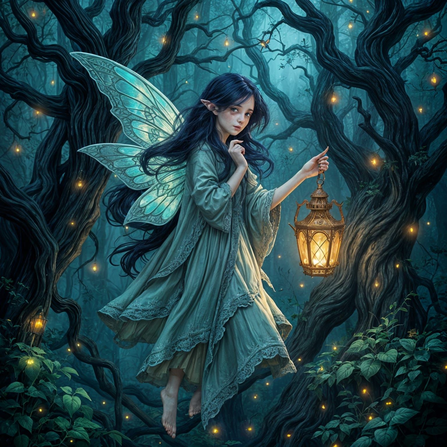 Gothic Fairy in Enchanted Forest with Iridescent Wings