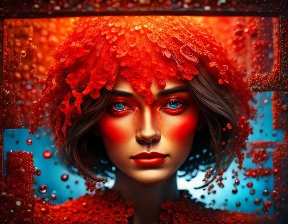 Woman in Red Cube with Fragmented Colors