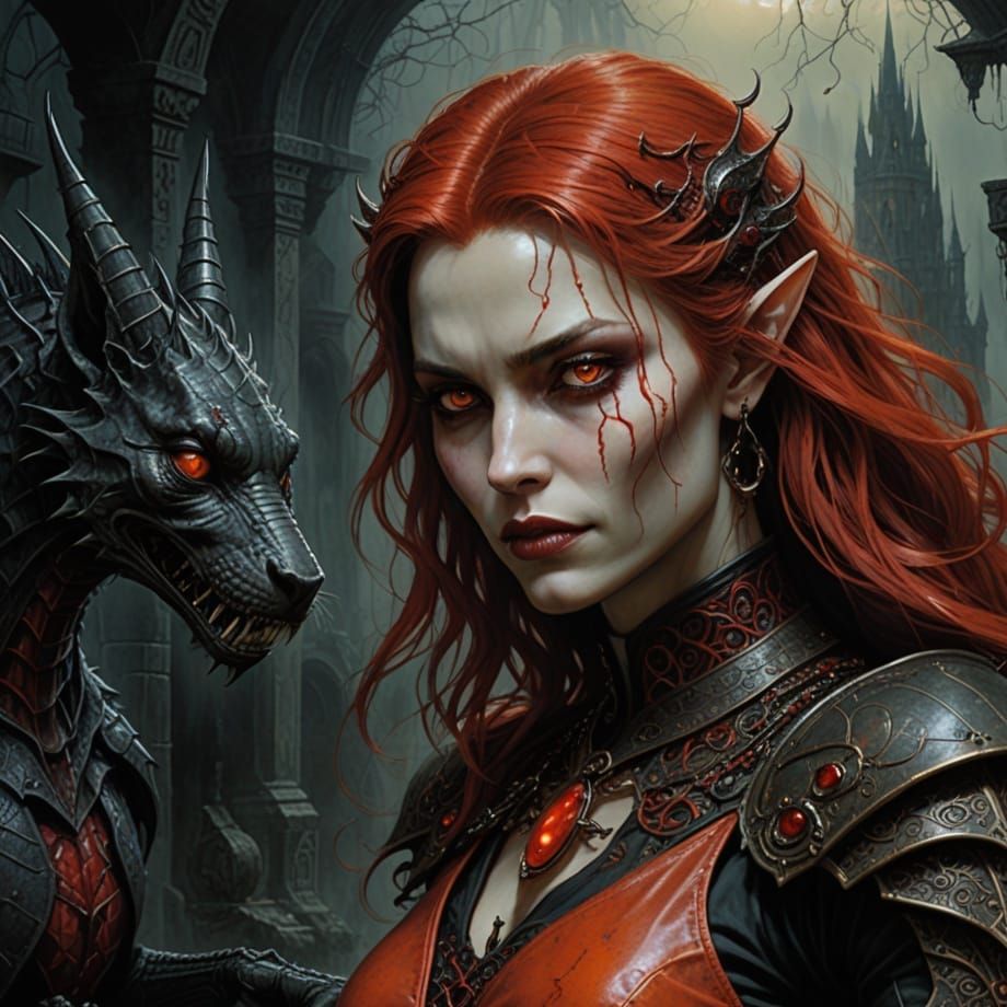 Gothic Elven Sorceress with Majestic Drakehound