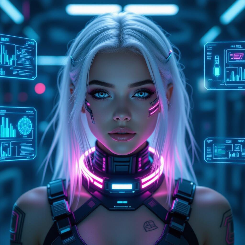 Cyberpunk Girl with Neon Streaks and Cybernetic Implants