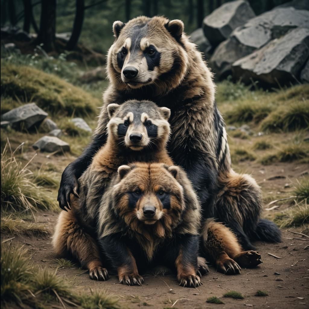 Badger and Tibetan Mastiff Cuddle: Cinematic Film Still