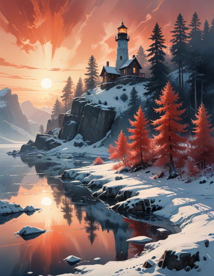 Lighthouse on Frozen Lake at Sunset: Digital Matte Painting