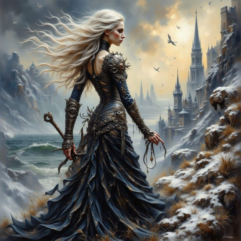 Epic Fantasy Woman in Gothic Cityscape