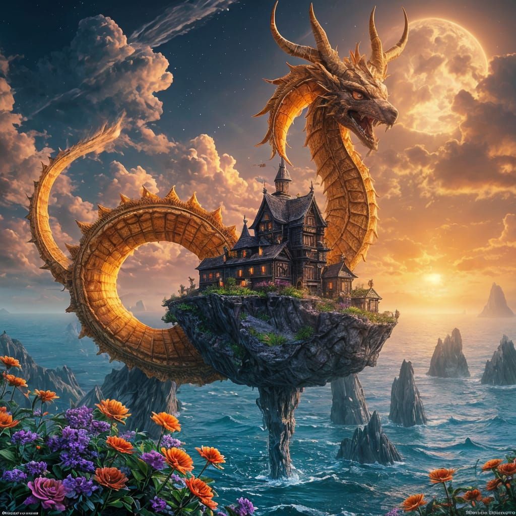 Golden Wyvern Village in Epic Dark Fantasy Landscape