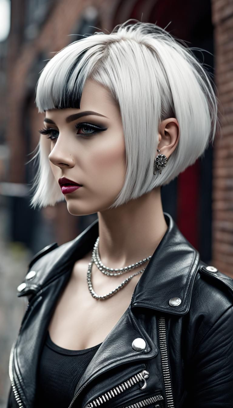 Hyperrealistic Punk Girl with Piercings and White Hair