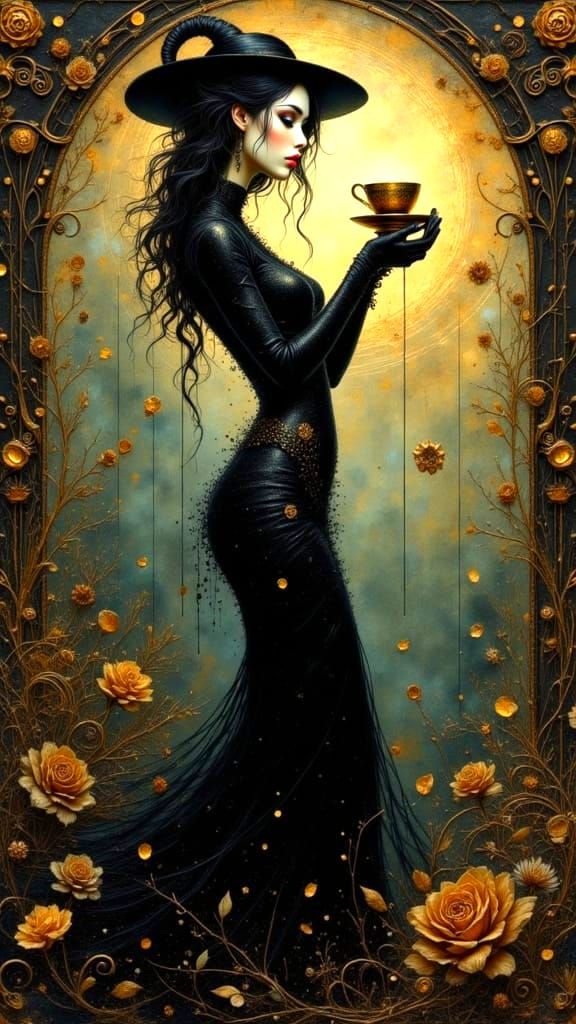 Morticia Addams Carries Golden Coffee Cup